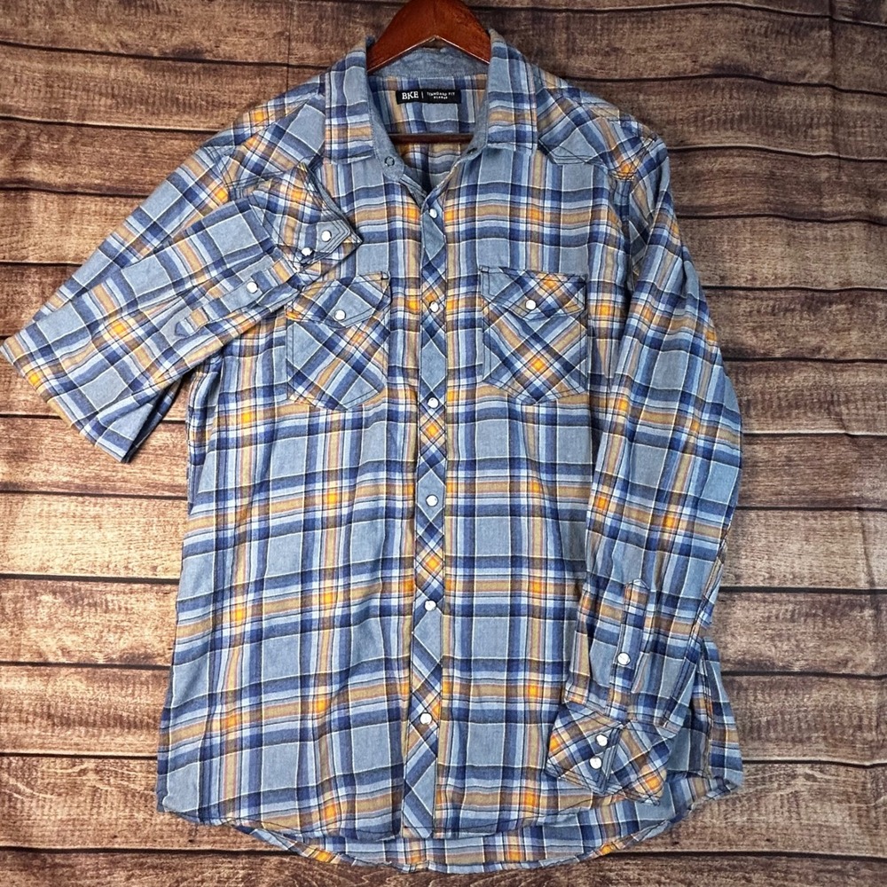 BKE Mens XL Blue Plaid Western Snap Long Sleeve Flannel Shirt Standard Fit